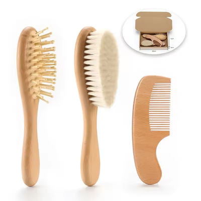 Customized LOGO Baby Brush And Comb Set Wooden Baby Hair Brush With Goat Bristle