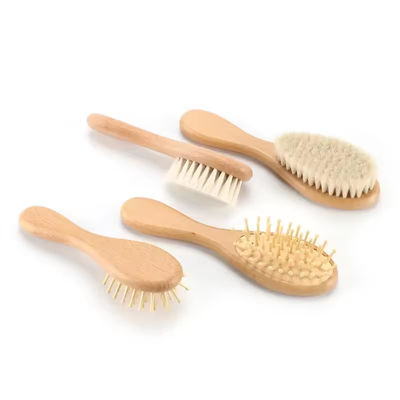 Customized LOGO Baby Brush And Comb Set Wooden Baby Hair Brush With Goat Bristle