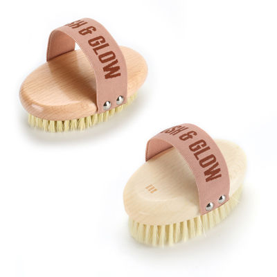 Pink Strap Natural Bristle Back Scrubber Wooden Body Brush Oval Shaped 154g