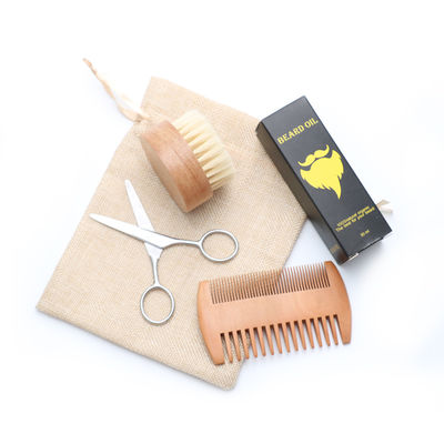 Natural Hard Boar Bristle Wood Beard Brush Set for Men's Hair Grooming Kit