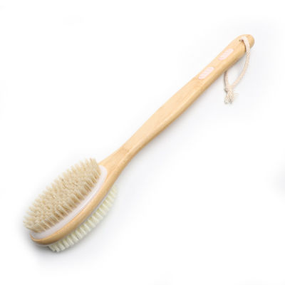 Dual-Sided Long Handle Exfoliating Back Scrubber Brush with Bamboo Handle